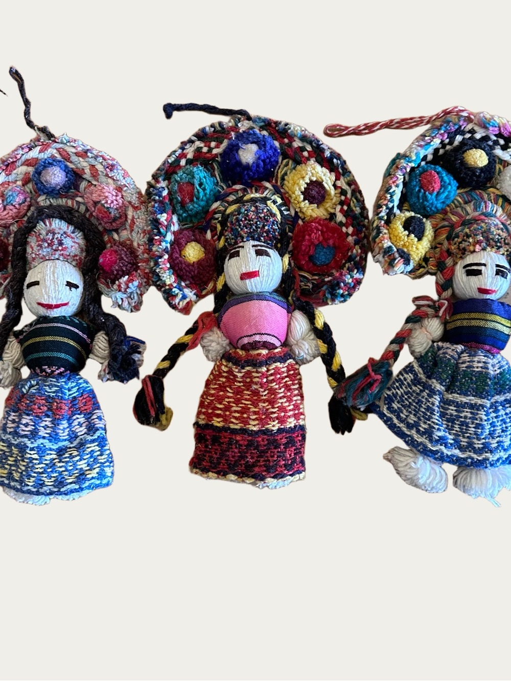 Mexican Yarn Folk Art Colorful Handmade Dolls with Woven Dresses Set of 3